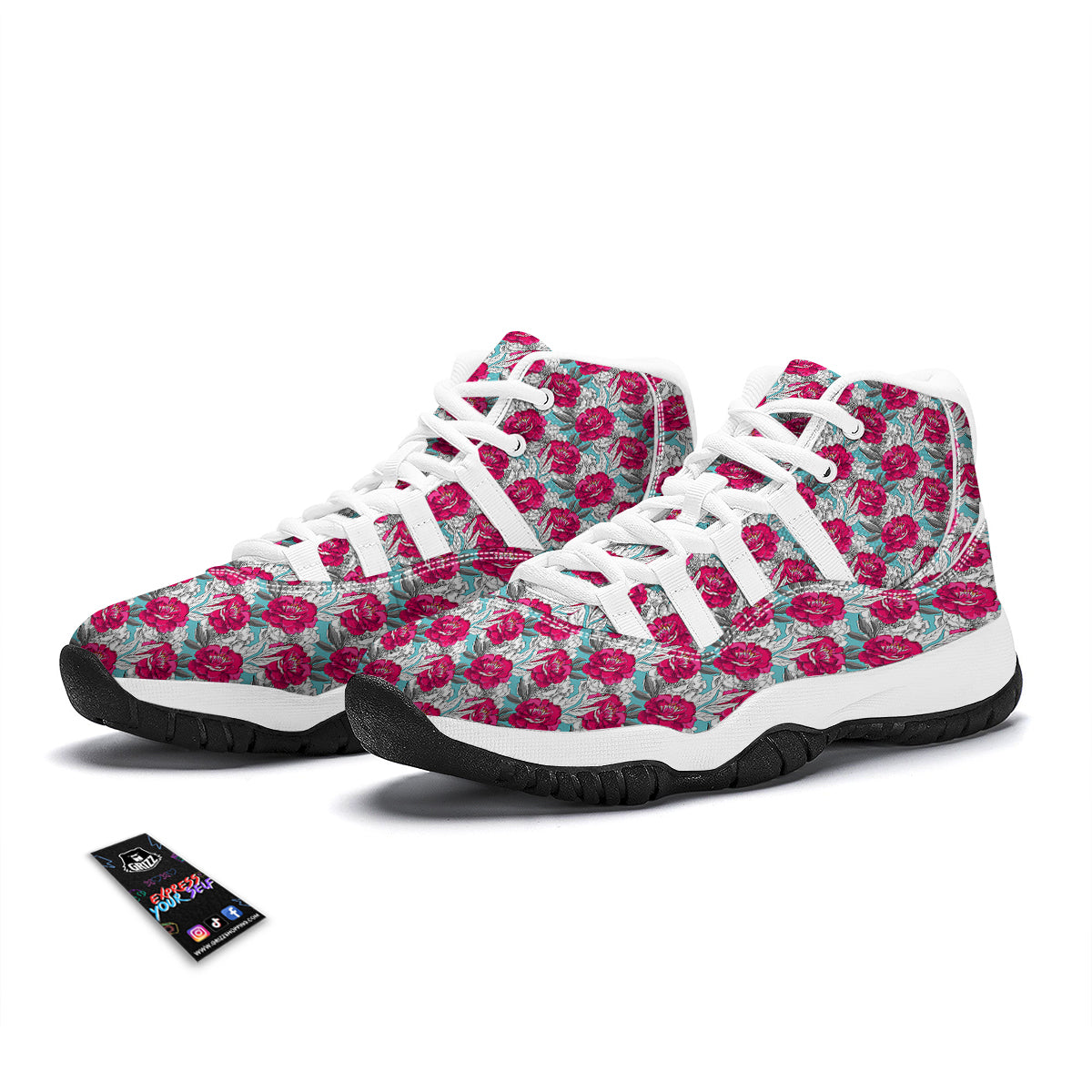 Peony Pink Hand Drawn Print Pattern White Bball Shoes-grizzshop