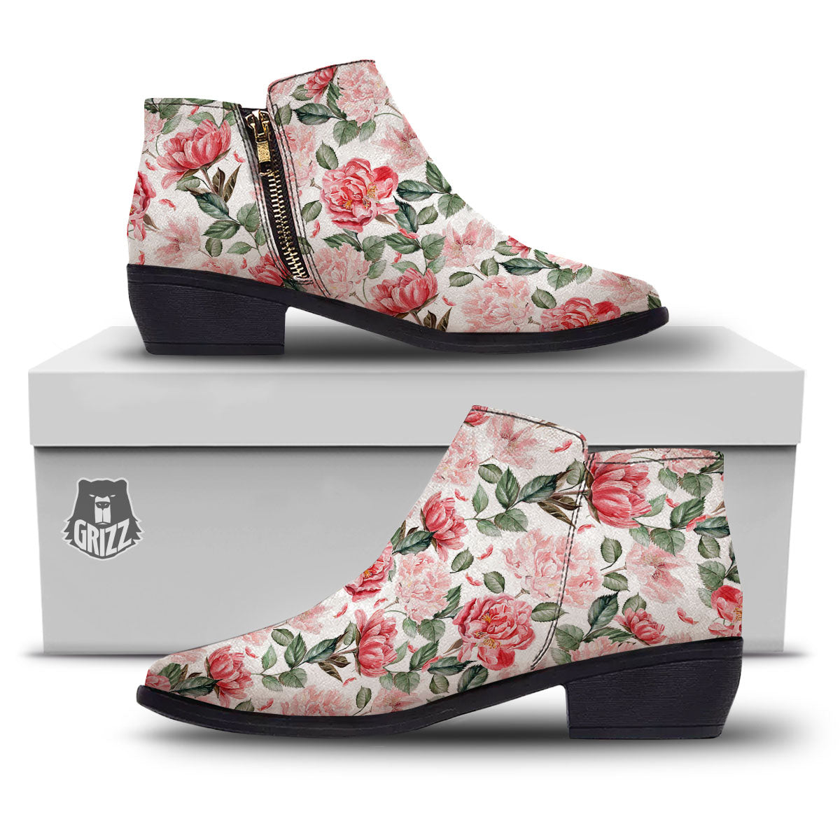 Peony Pink Print Pattern Ankle Boots-grizzshop