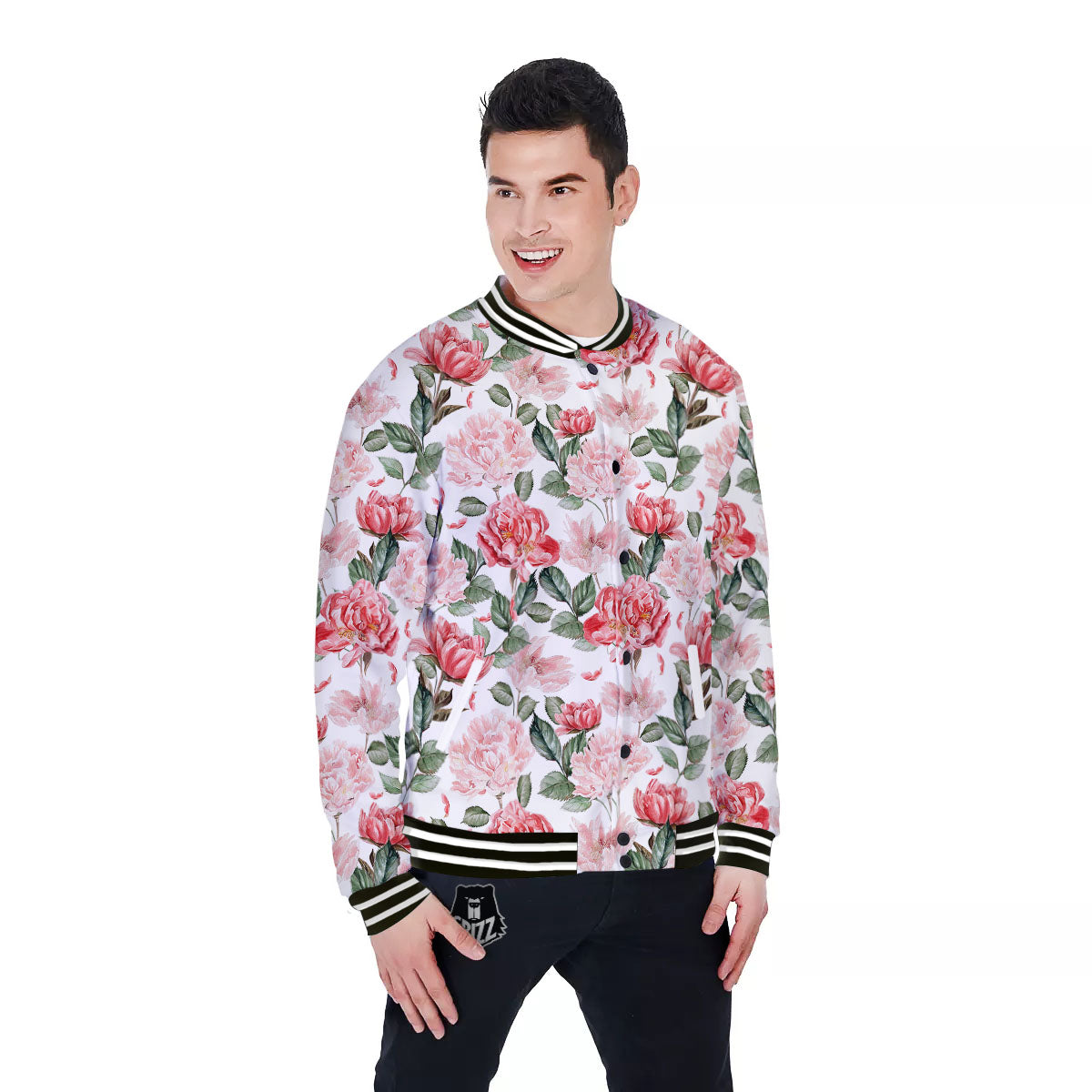 Peony Pink Print Pattern Baseball Jacket-grizzshop