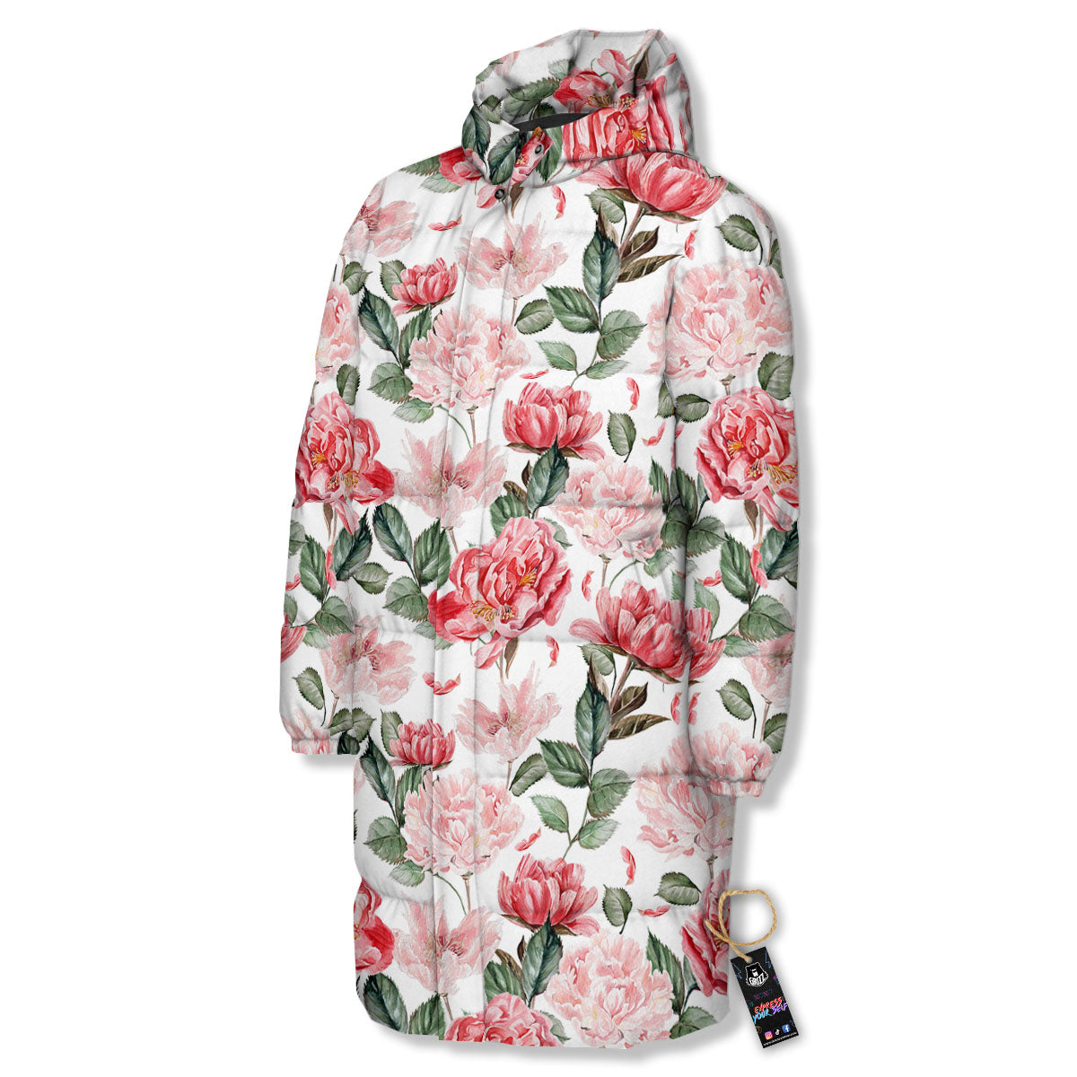Peony Pink Print Pattern Long Down Jacket-grizzshop
