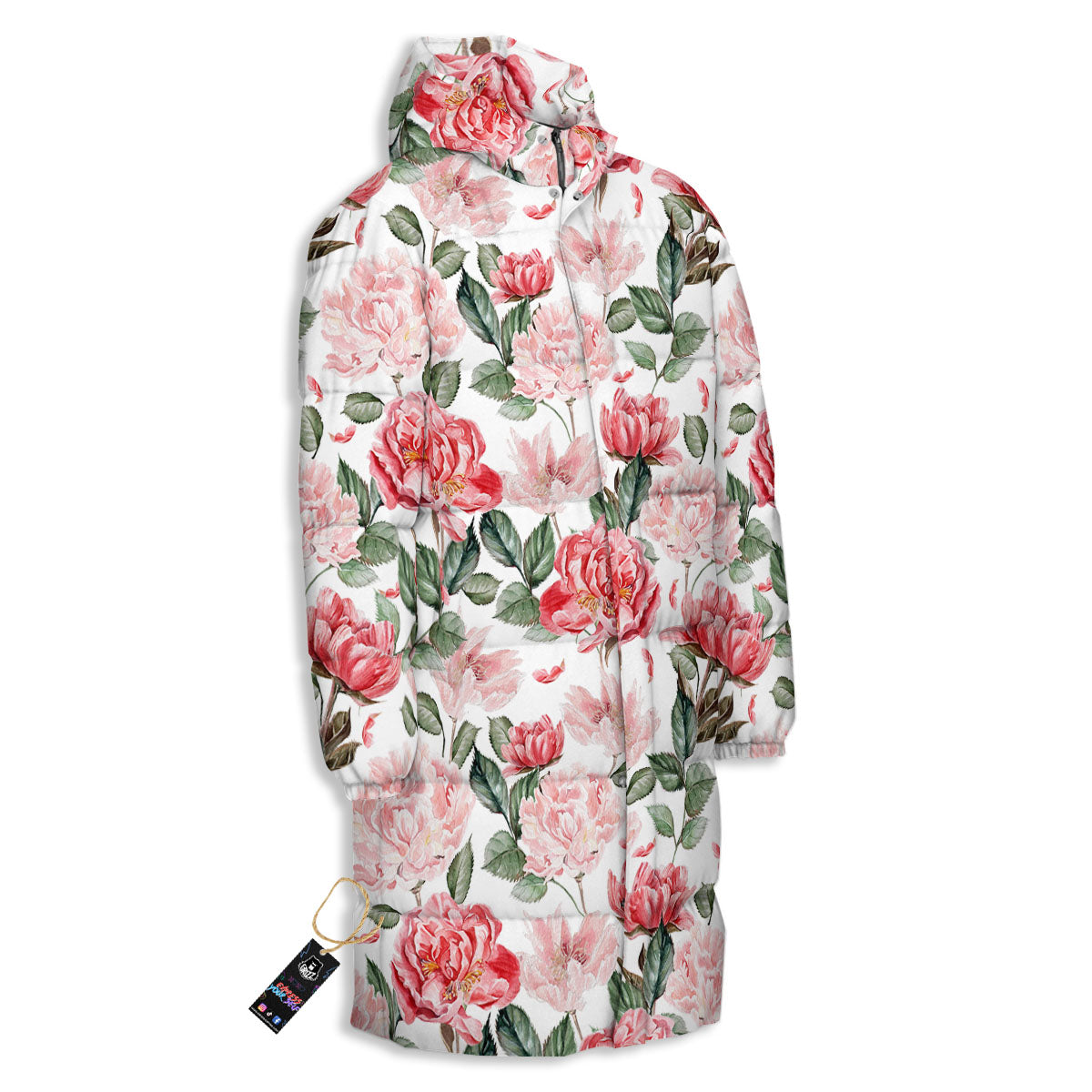 Peony Pink Print Pattern Long Down Jacket-grizzshop