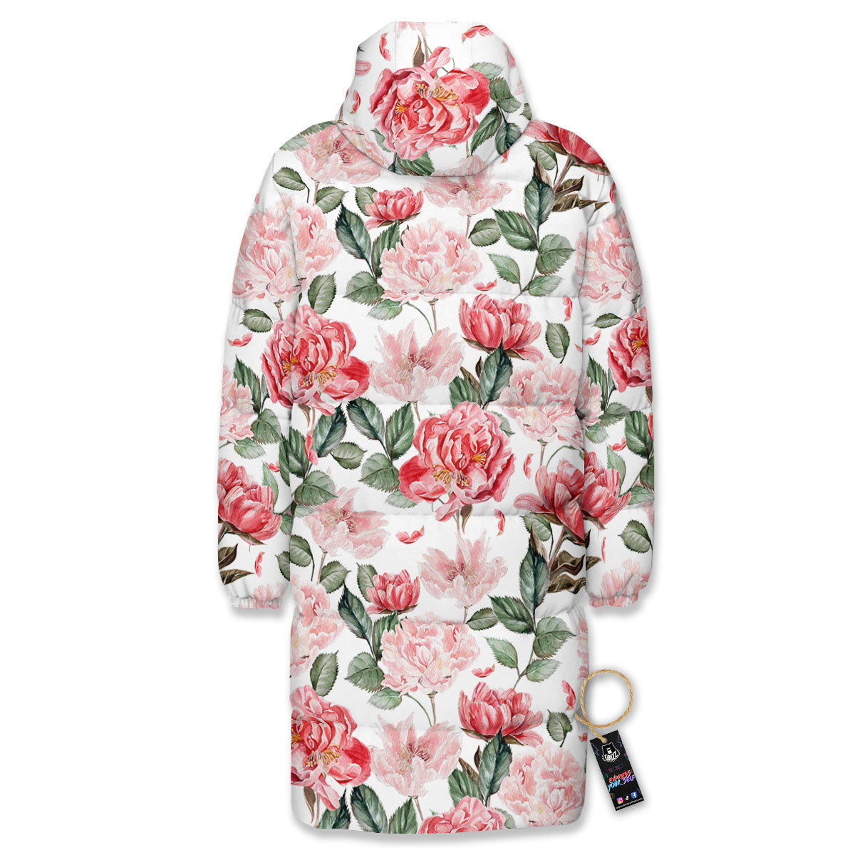 Peony Pink Print Pattern Long Down Jacket-grizzshop