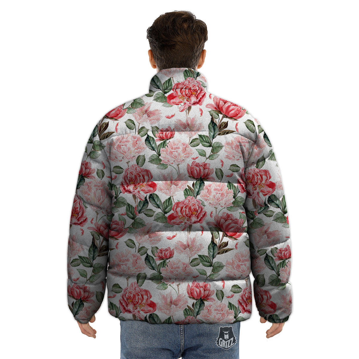 Peony Pink Print Pattern Puffer Jacket-grizzshop