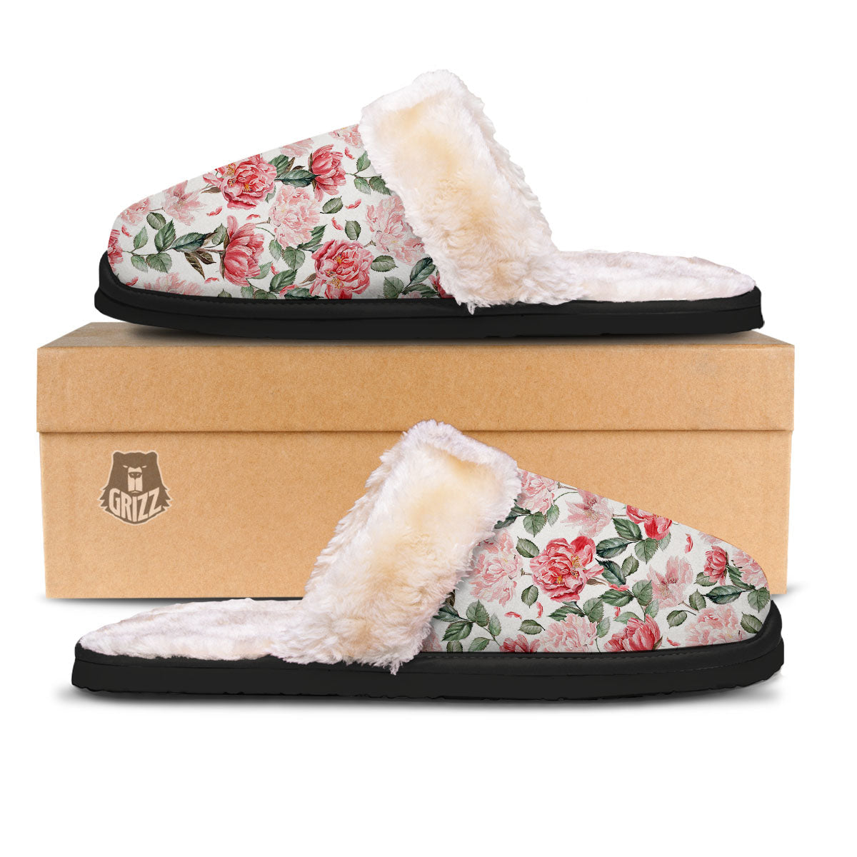 Peony Pink Print Pattern Slippers-grizzshop
