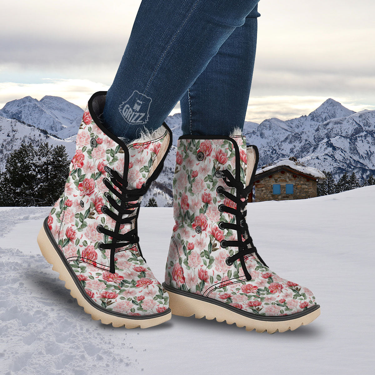 Peony Pink Print Pattern Snow Boots-grizzshop
