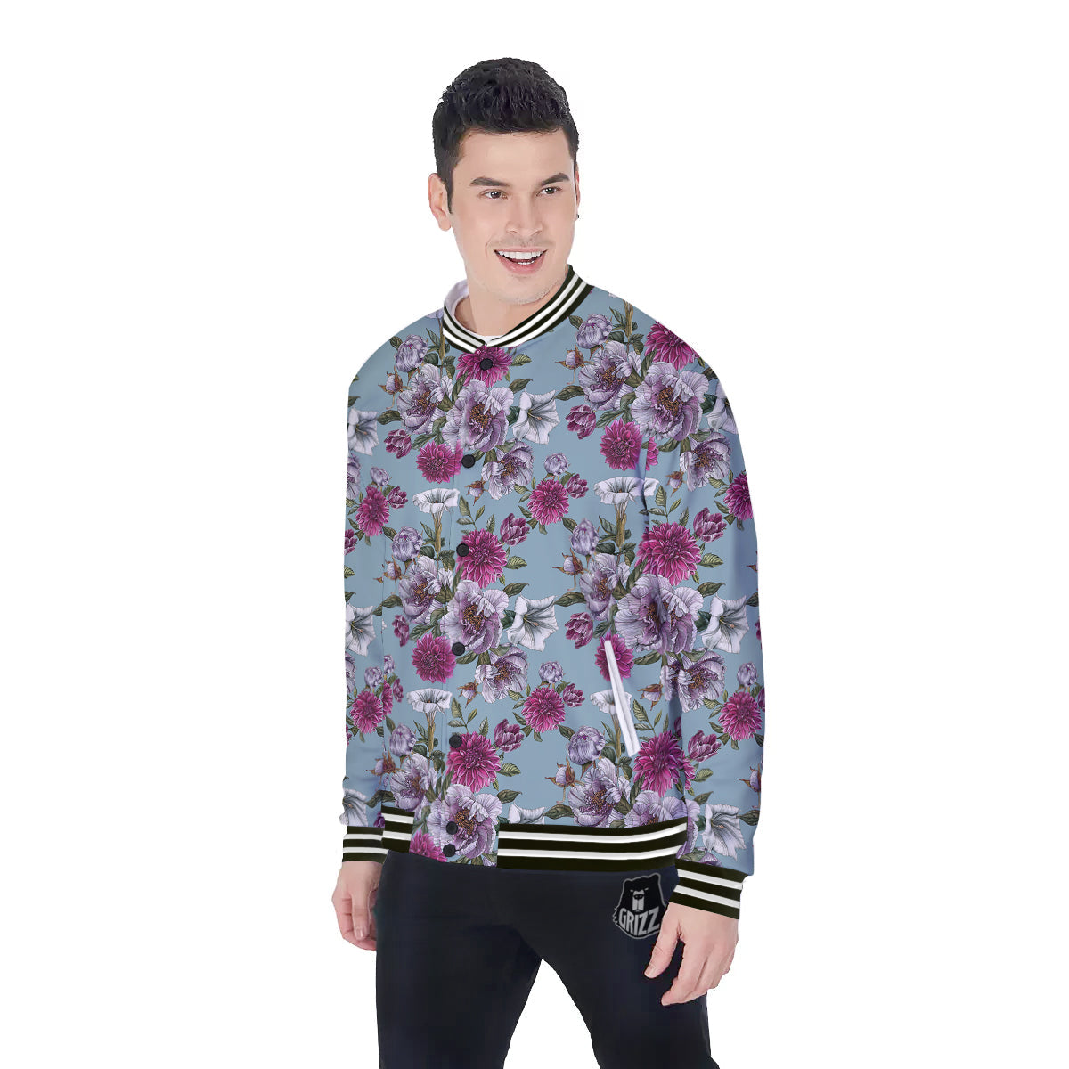 Peony Watercolor Print Pattern Baseball Jacket-grizzshop
