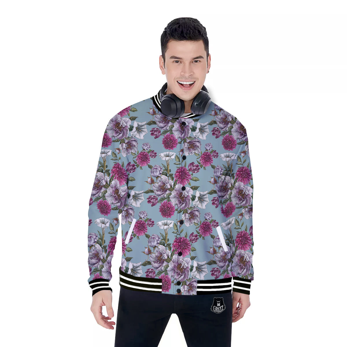 Peony Watercolor Print Pattern Baseball Jacket-grizzshop
