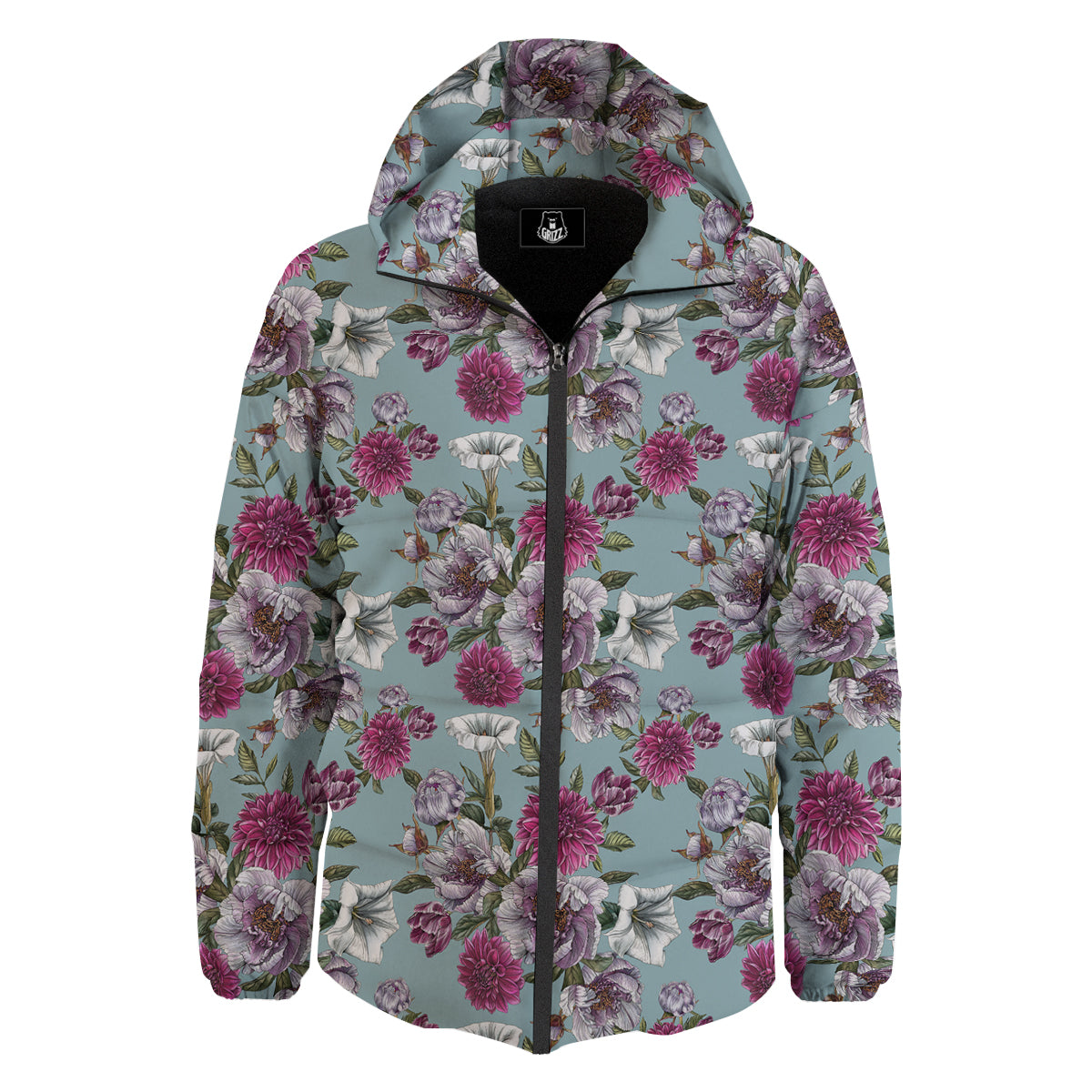 Peony Watercolor Print Pattern Down Jacket-grizzshop