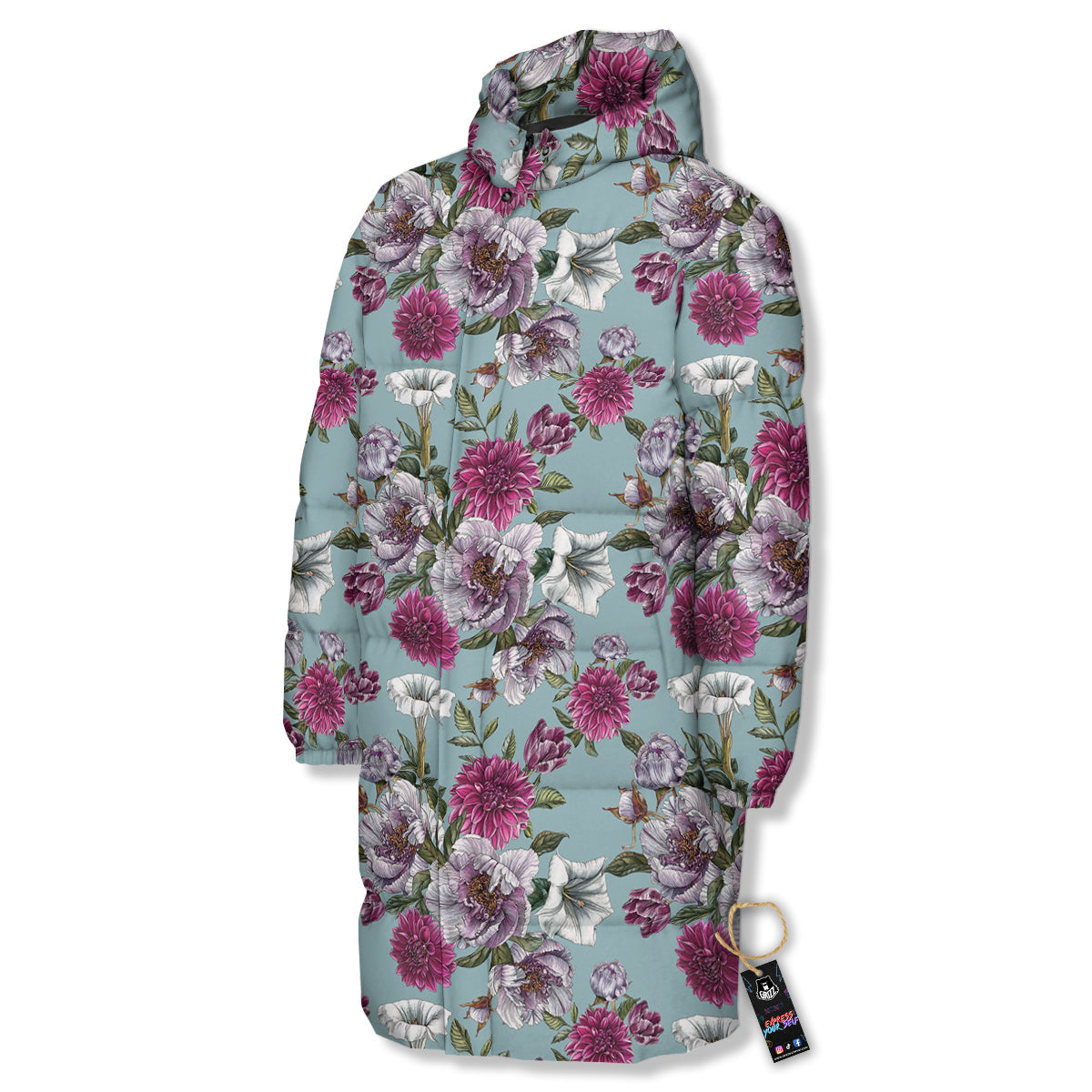 Peony Watercolor Print Pattern Long Down Jacket-grizzshop