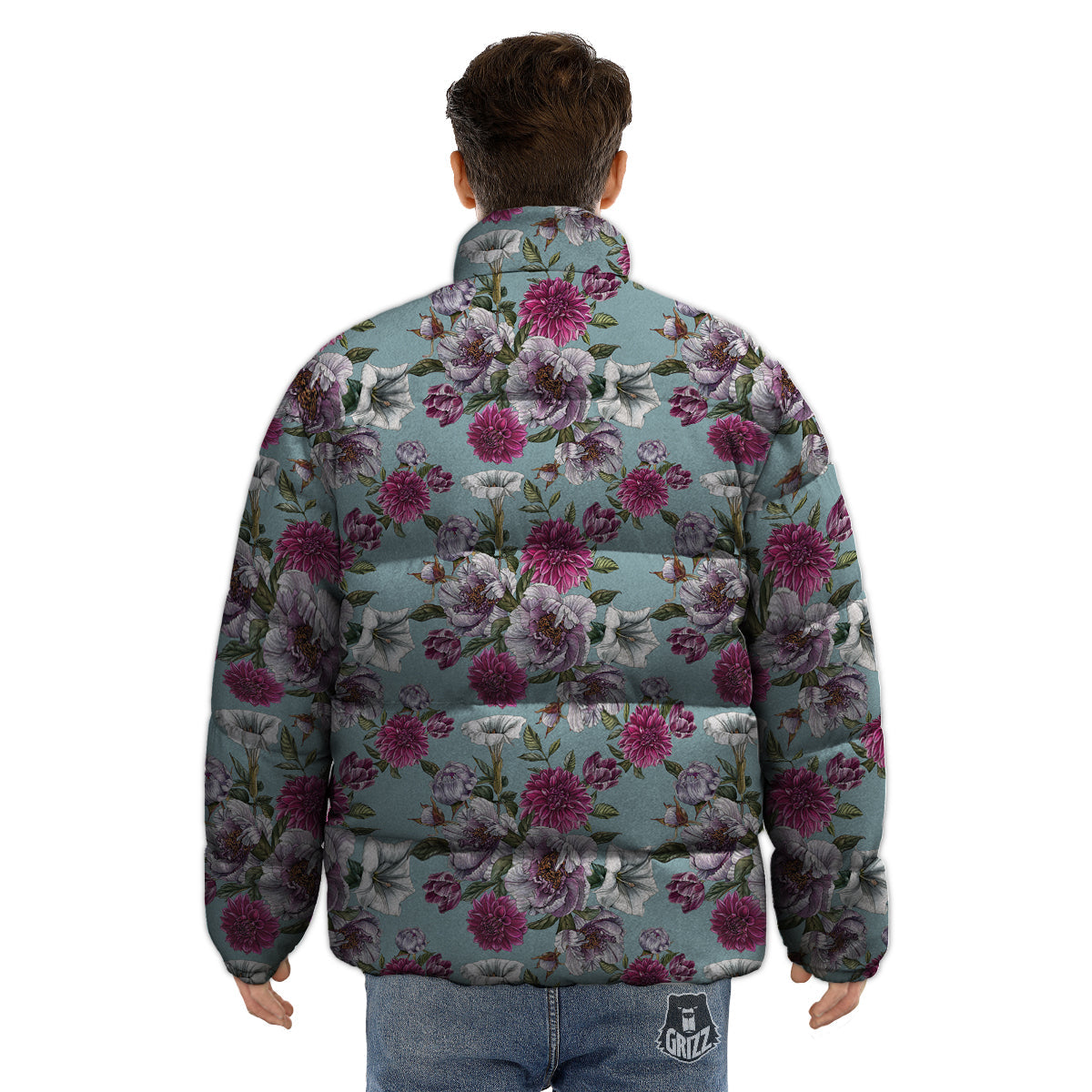 Peony Watercolor Print Pattern Puffer Jacket-grizzshop