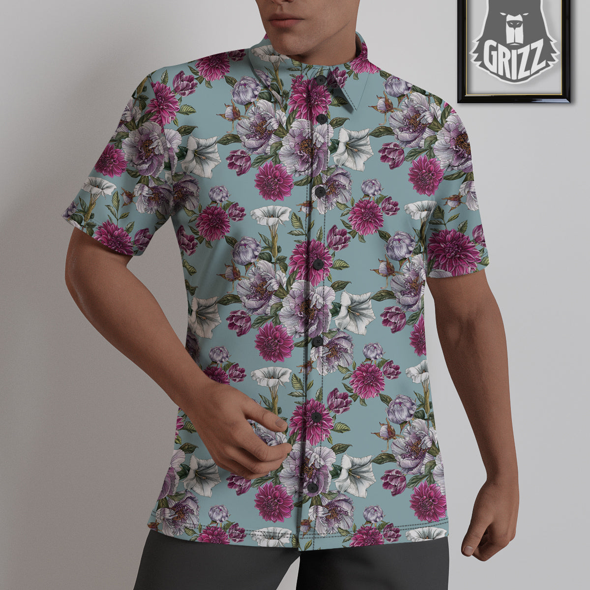 Peony Watercolor Print Pattern Untucked Shirts-grizzshop