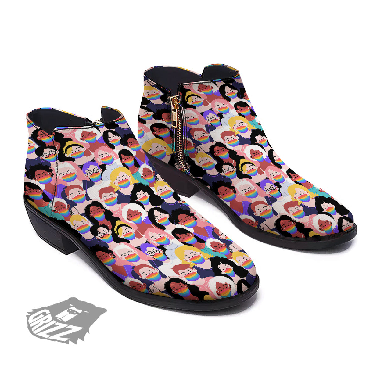 People And Rainbow Face Masks Print Pattern Ankle Boots-grizzshop