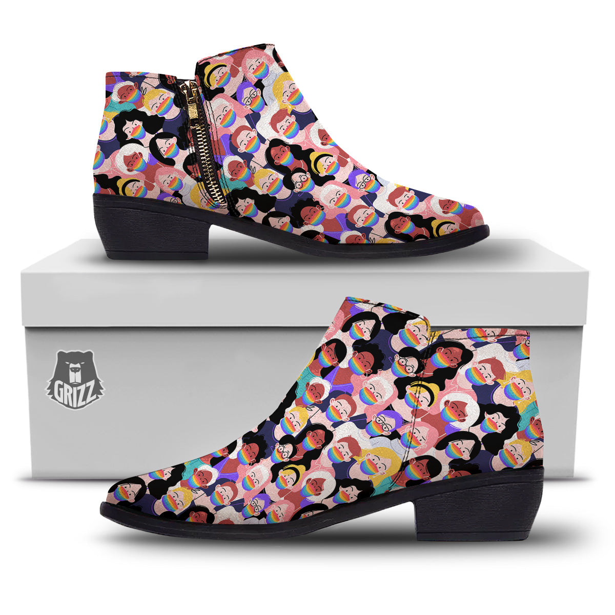 People And Rainbow Face Masks Print Pattern Ankle Boots-grizzshop