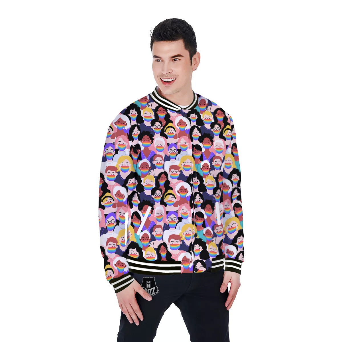 People And Rainbow Face Masks Print Pattern Baseball Jacket-grizzshop