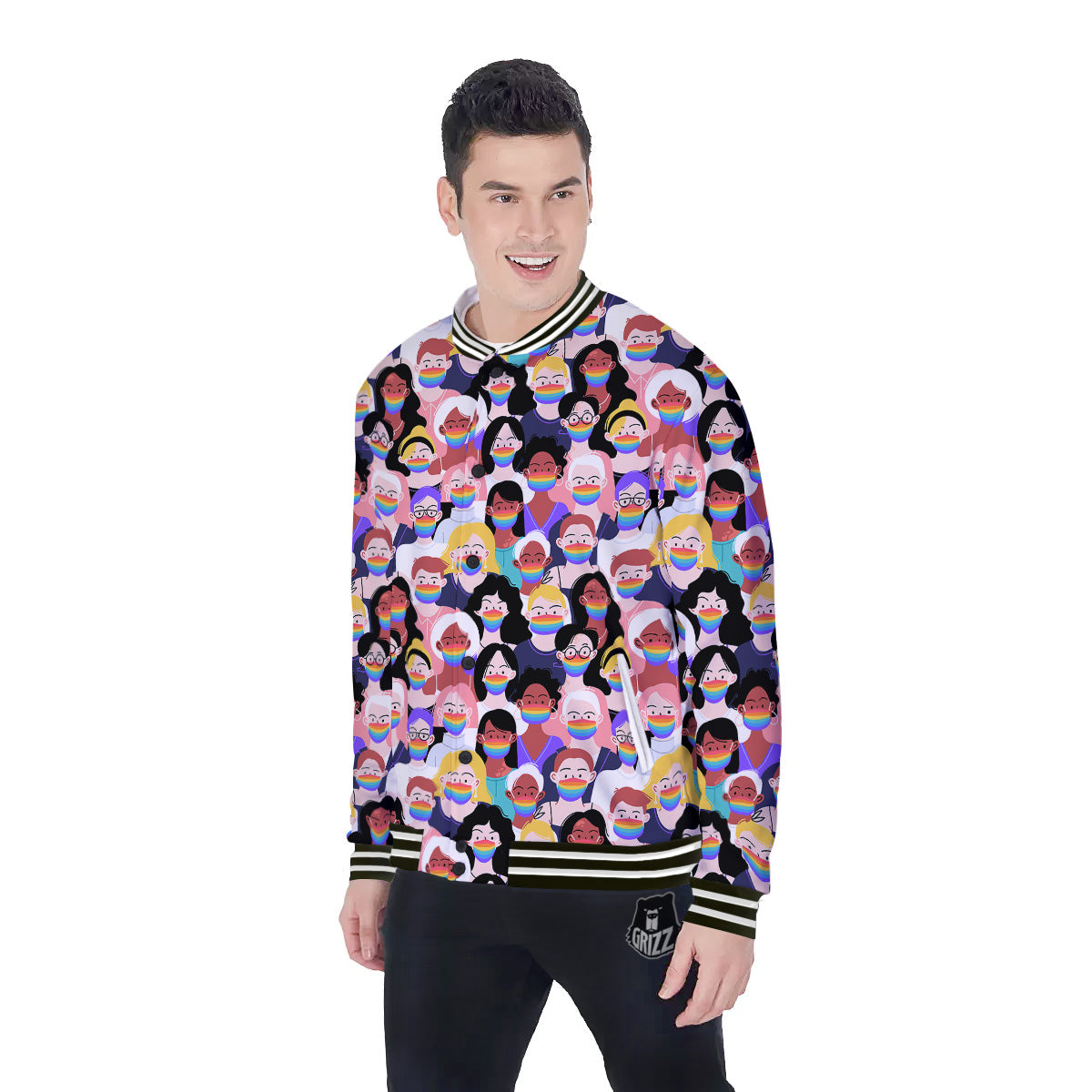People And Rainbow Face Masks Print Pattern Baseball Jacket-grizzshop