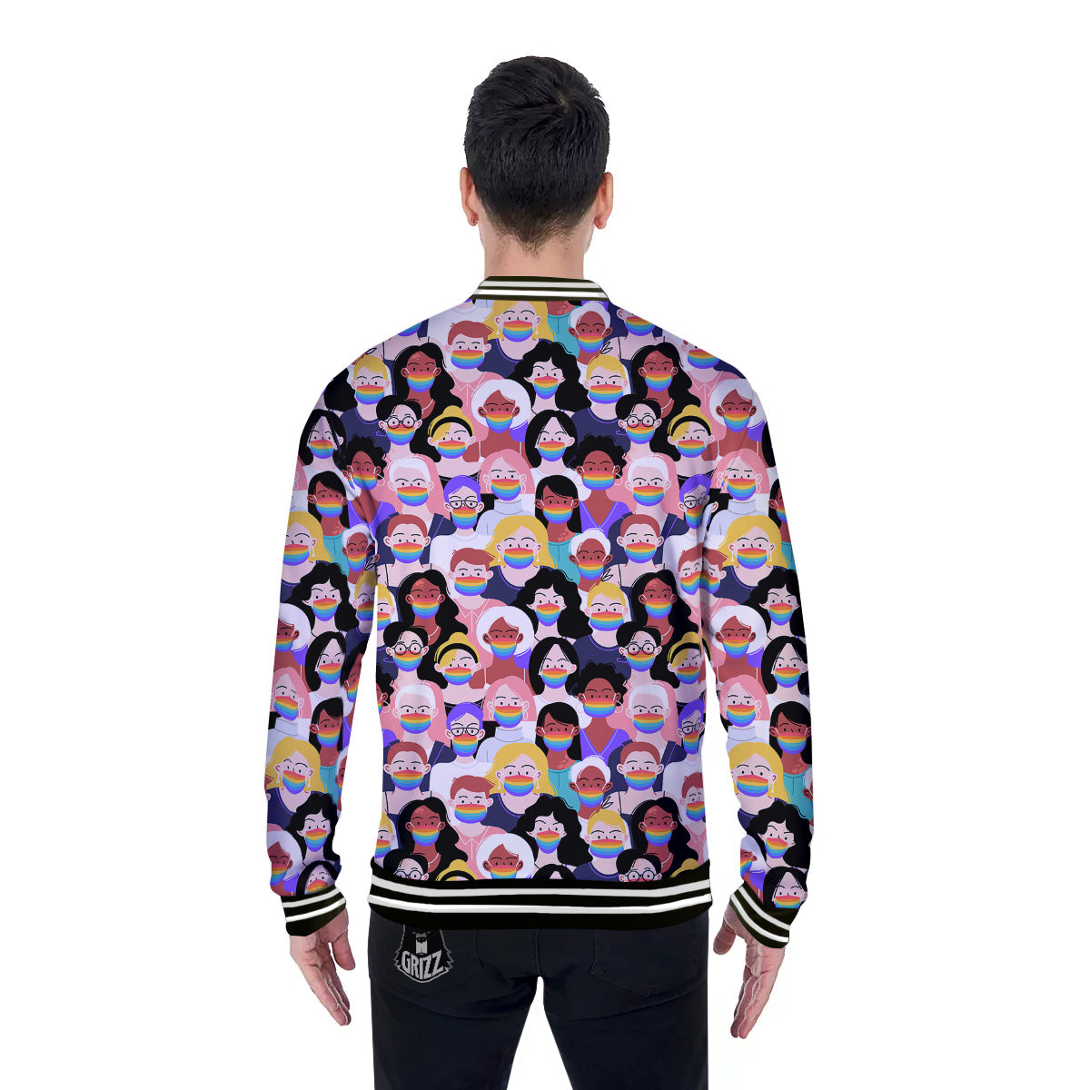 People And Rainbow Face Masks Print Pattern Baseball Jacket-grizzshop