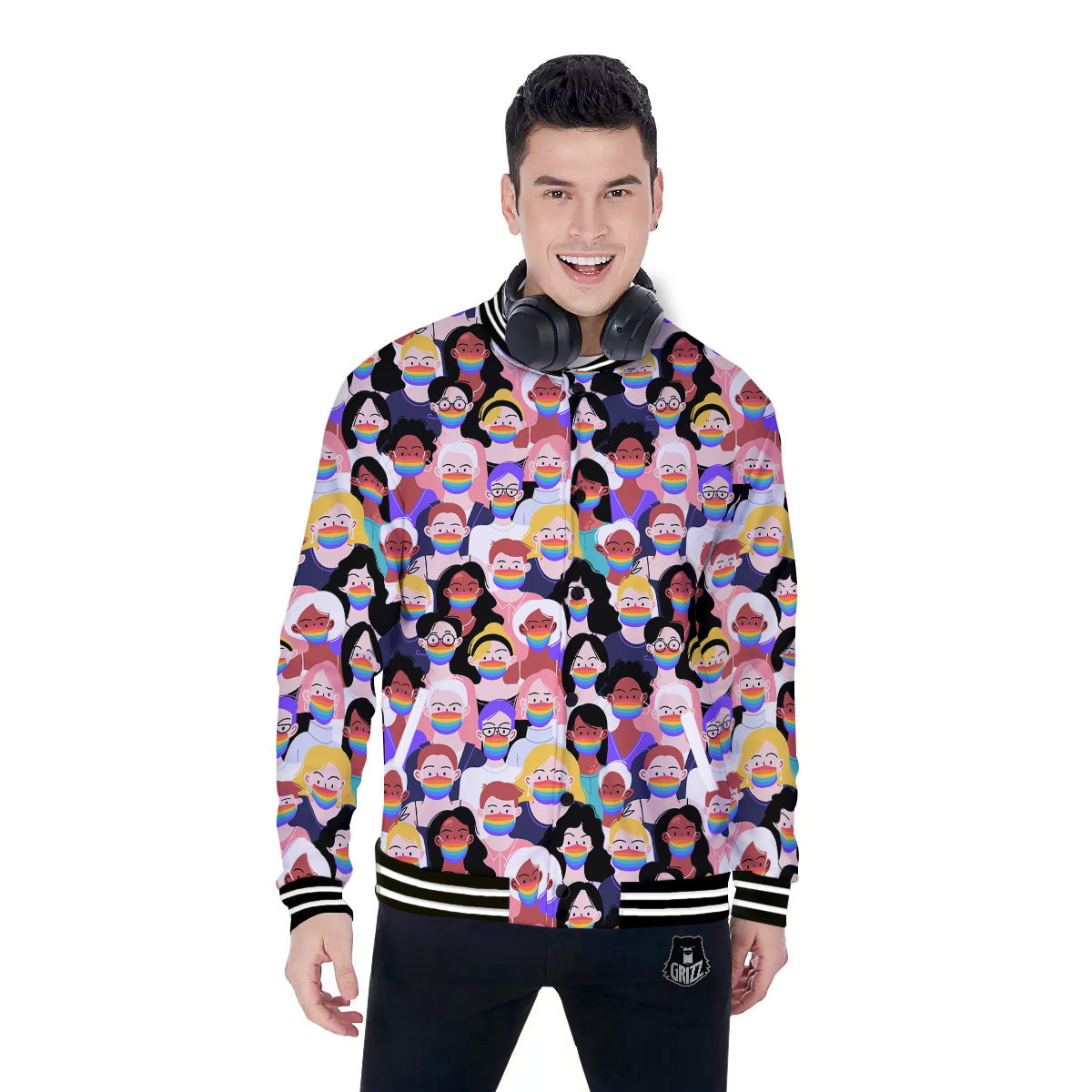 People And Rainbow Face Masks Print Pattern Baseball Jacket-grizzshop