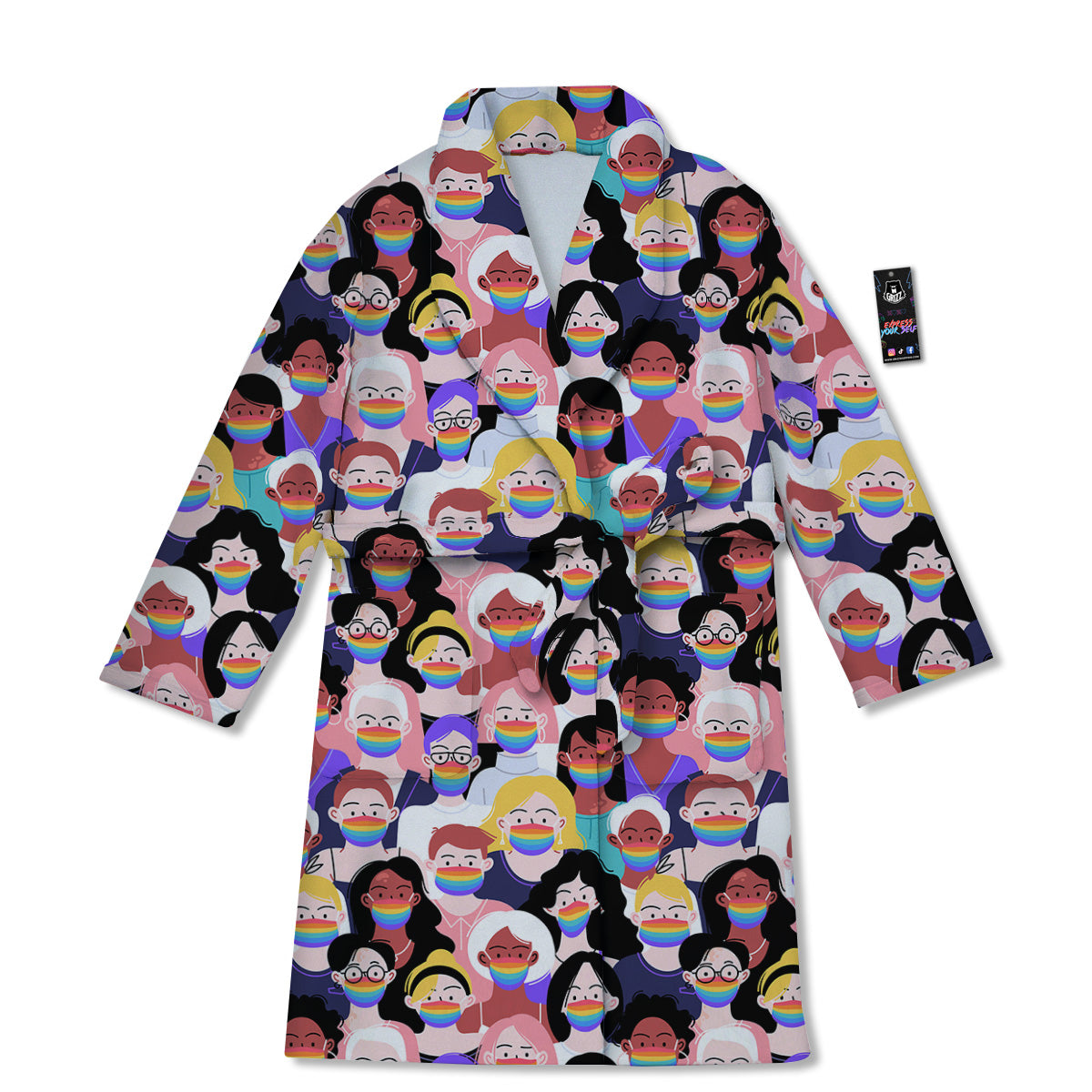 People And Rainbow Face Masks Print Pattern Bathrobe-grizzshop