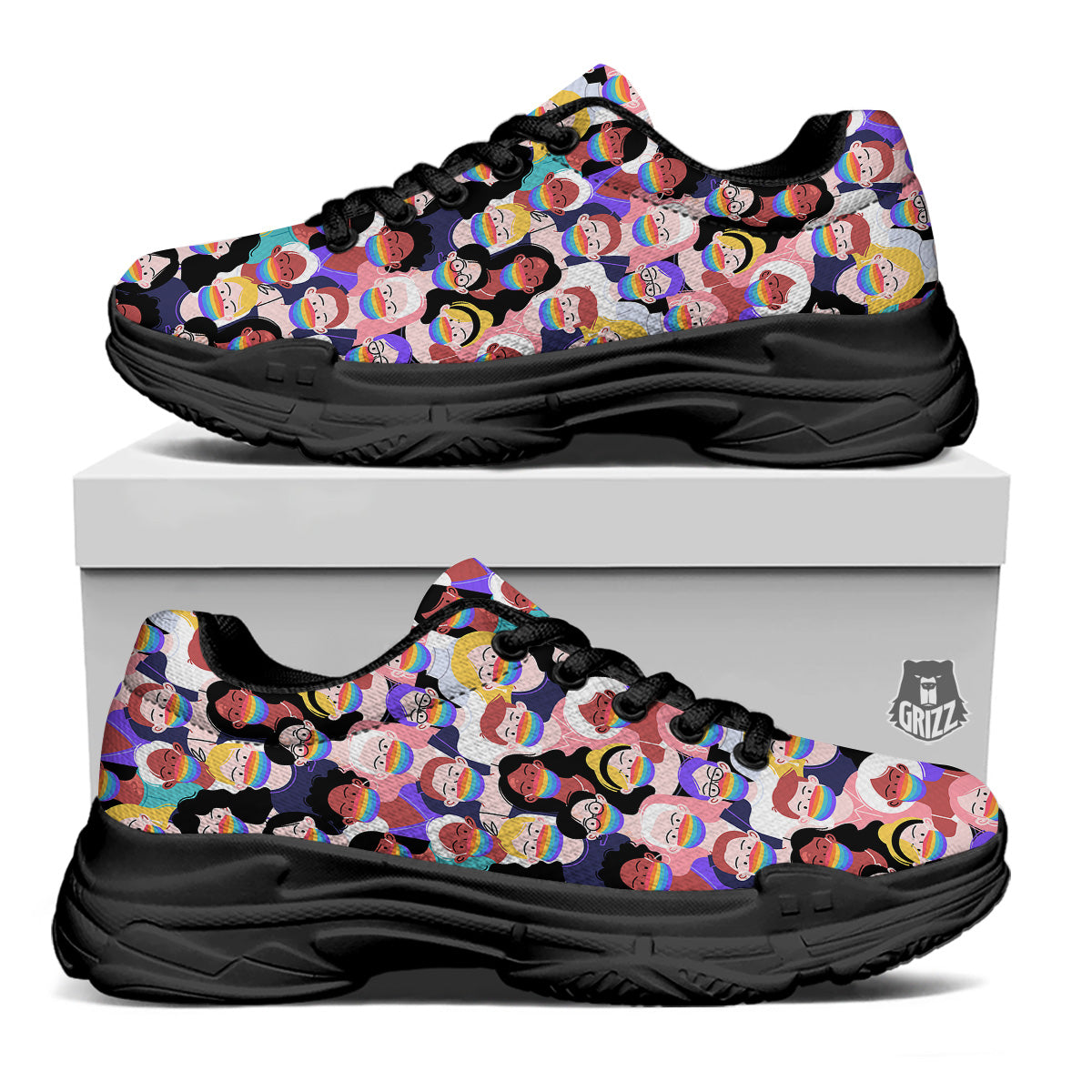 People And Rainbow Face Masks Print Pattern Black Chunky Shoes-grizzshop