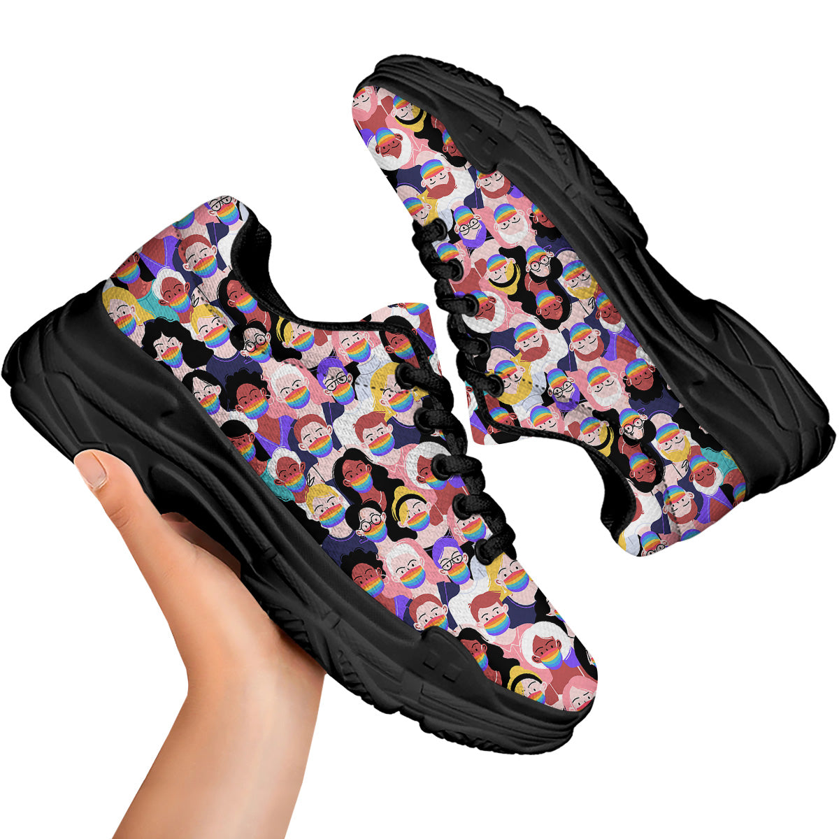 People And Rainbow Face Masks Print Pattern Black Chunky Shoes-grizzshop