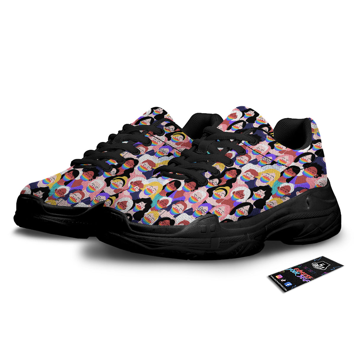 People And Rainbow Face Masks Print Pattern Black Chunky Shoes-grizzshop