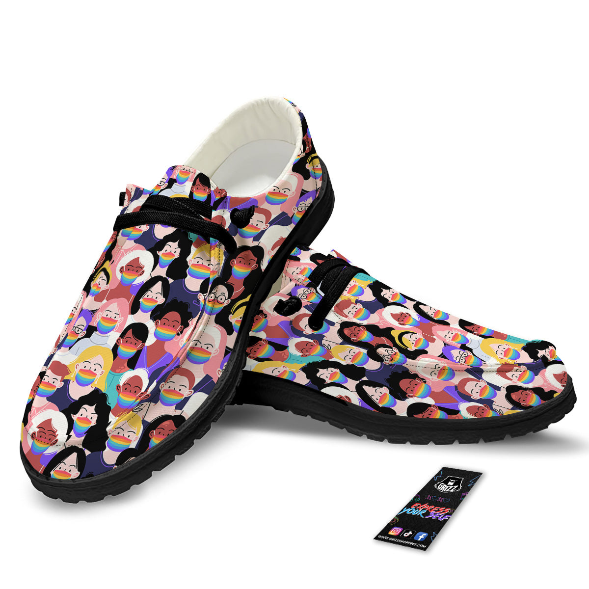 People And Rainbow Face Masks Print Pattern Black Loafers-grizzshop