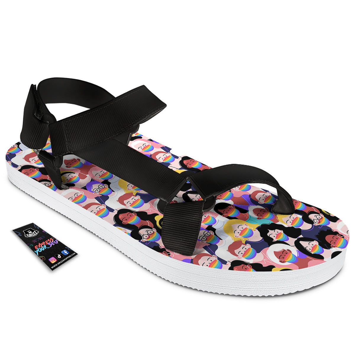 People And Rainbow Face Masks Print Pattern Black Open Toe Sandals-grizzshop
