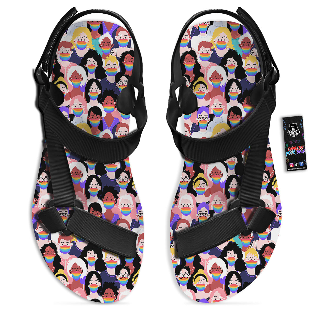 People And Rainbow Face Masks Print Pattern Black Open Toe Sandals-grizzshop