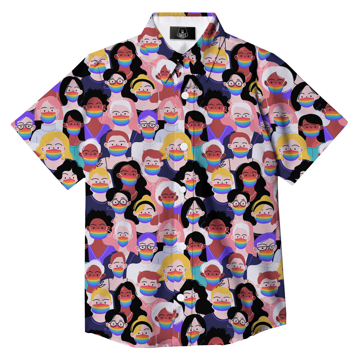 People And Rainbow Face Masks Print Pattern Button Up Shirt-grizzshop
