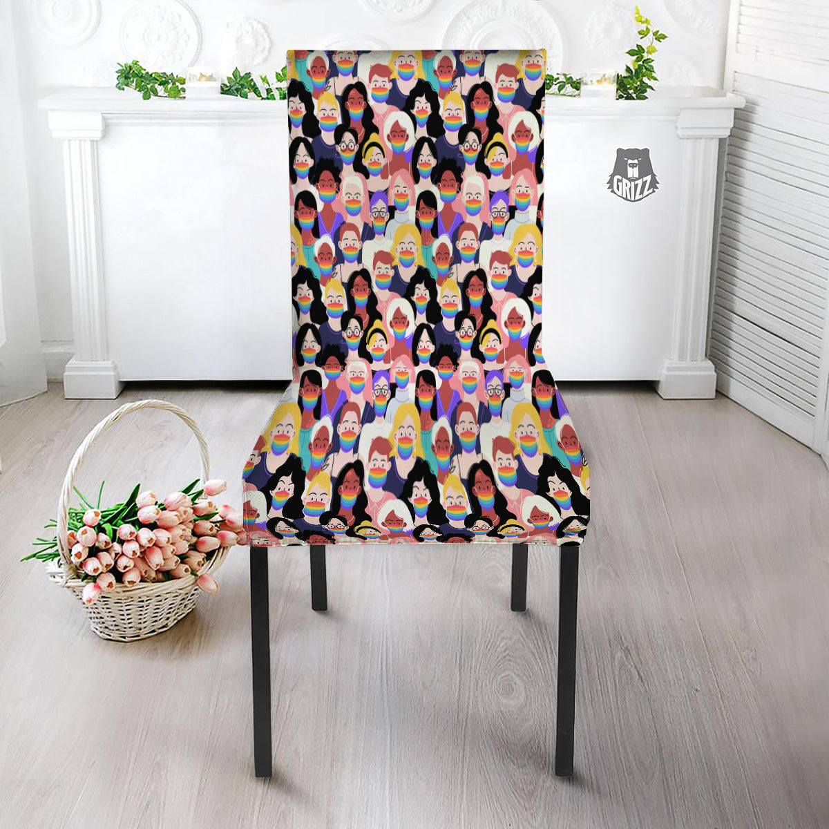 People And Rainbow Face Masks Print Pattern Dining Chair Slipcover-grizzshop