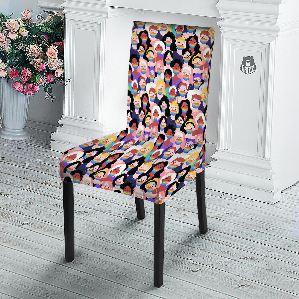 People And Rainbow Face Masks Print Pattern Dining Chair Slipcover-grizzshop