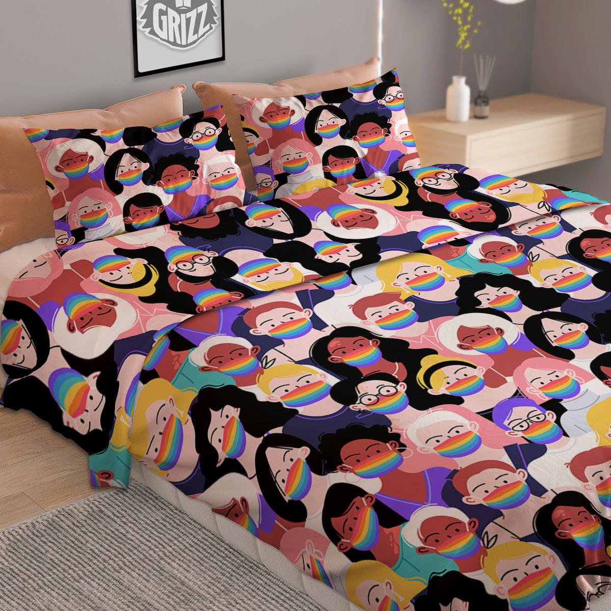 People And Rainbow Face Masks Print Pattern Duvet Cover Bedding Set