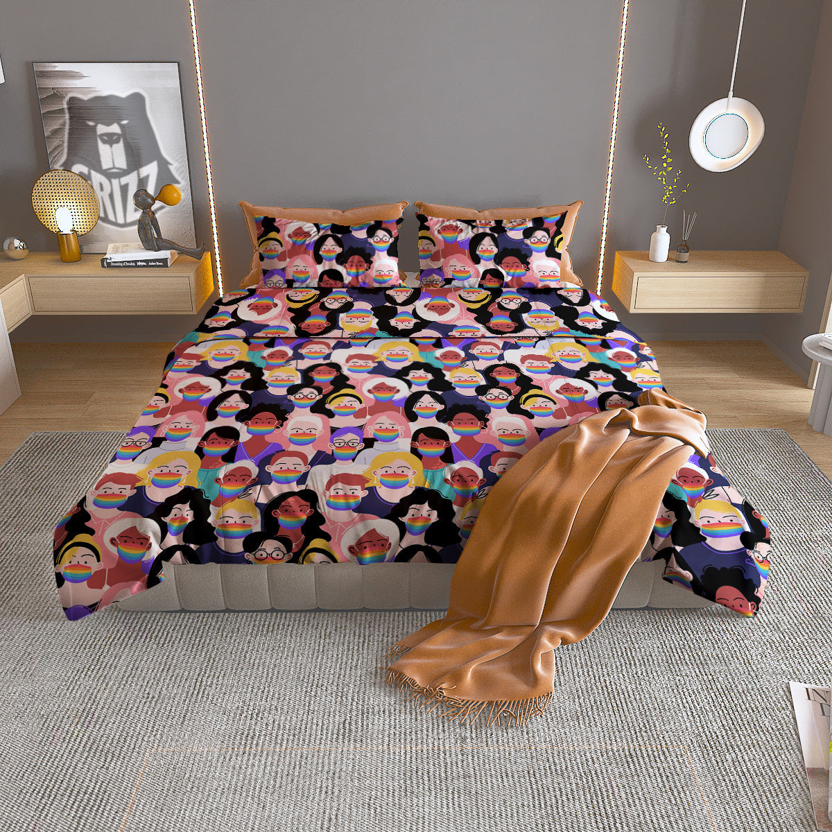 People And Rainbow Face Masks Print Pattern Duvet Cover Bedding Set