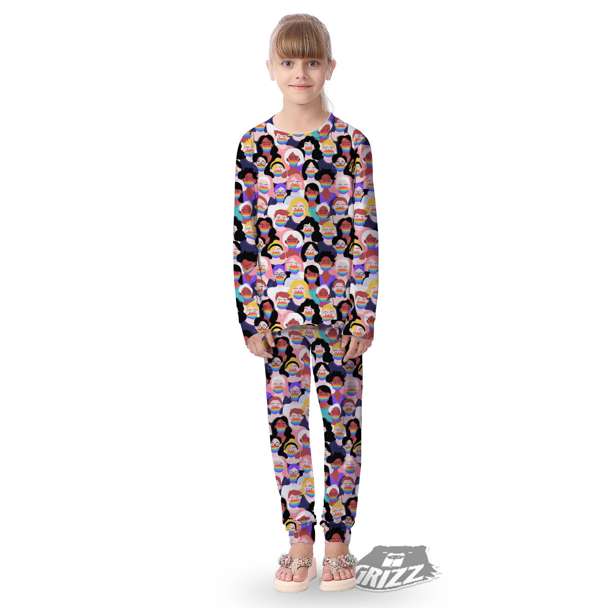 People And Rainbow Face Masks Print Pattern Kid's Pajamas-grizzshop