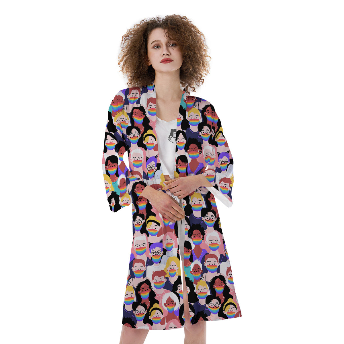 People And Rainbow Face Masks Print Pattern Kimono-grizzshop