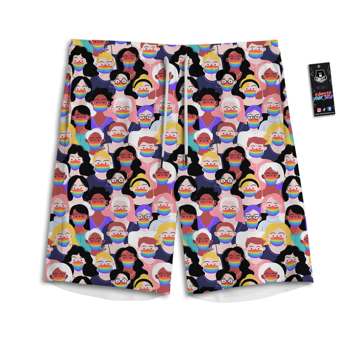 People And Rainbow Face Masks Print Pattern Men's Athletic Shorts