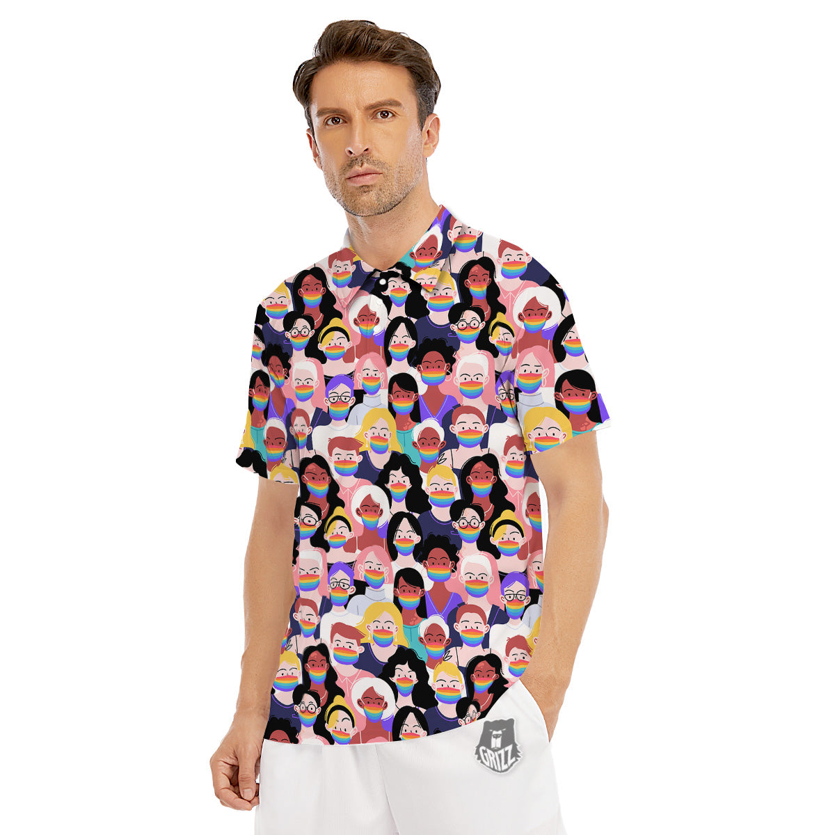 People And Rainbow Face Masks Print Pattern Men's Golf Shirts-grizzshop