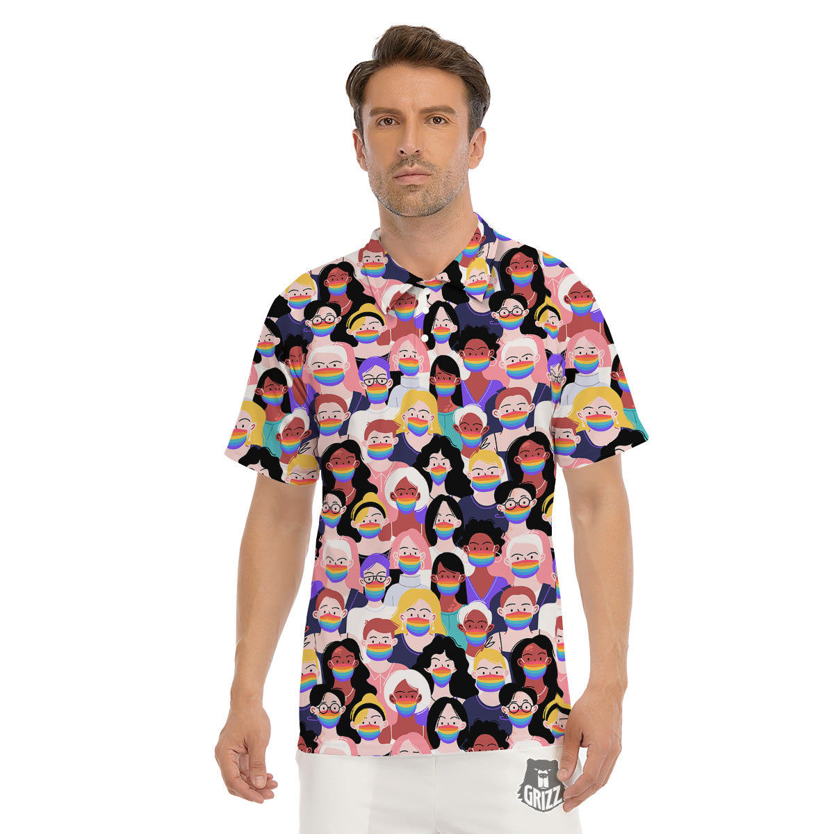 People And Rainbow Face Masks Print Pattern Men's Golf Shirts-grizzshop