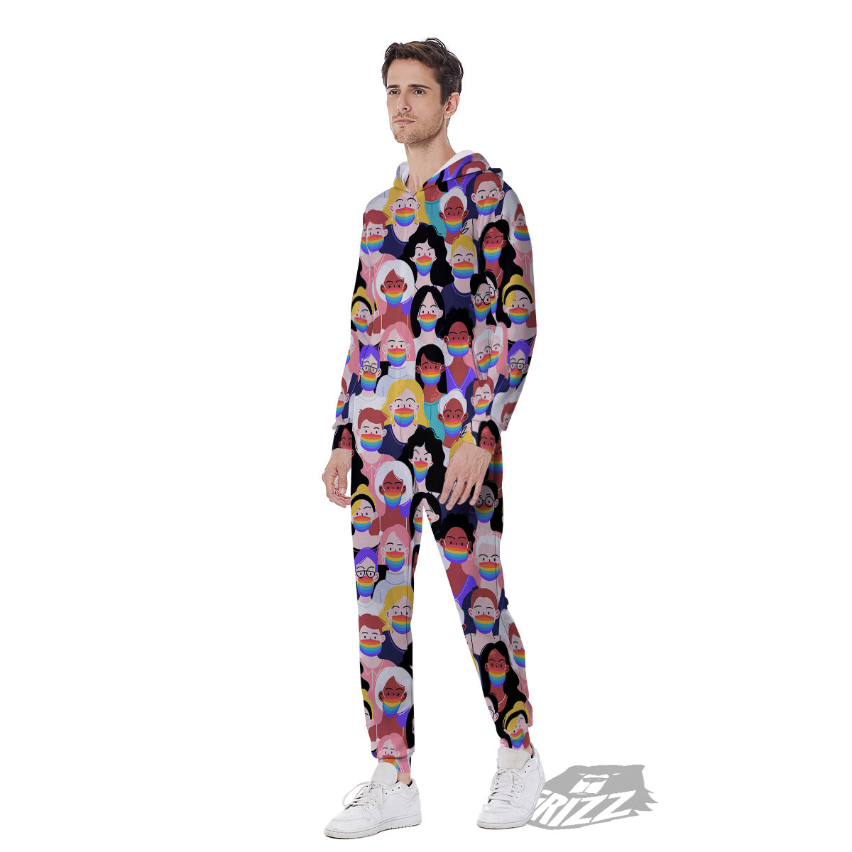 People And Rainbow Face Masks Print Pattern Men's Jumpsuit-grizzshop