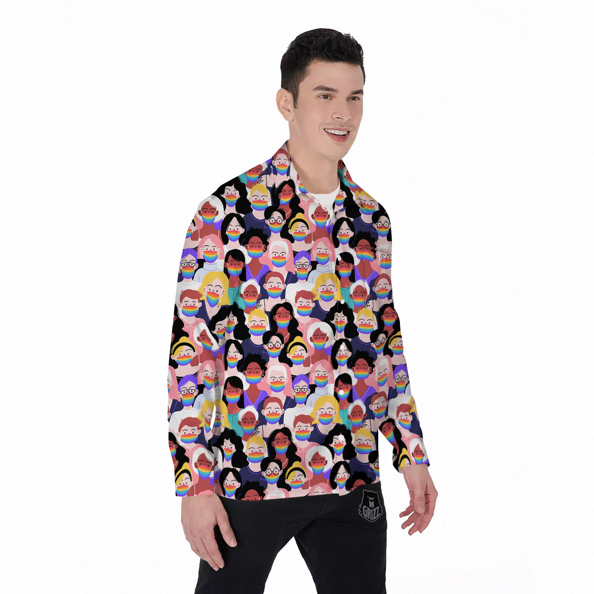 People And Rainbow Face Masks Print Pattern Men's Long Sleeve Shirts-grizzshop