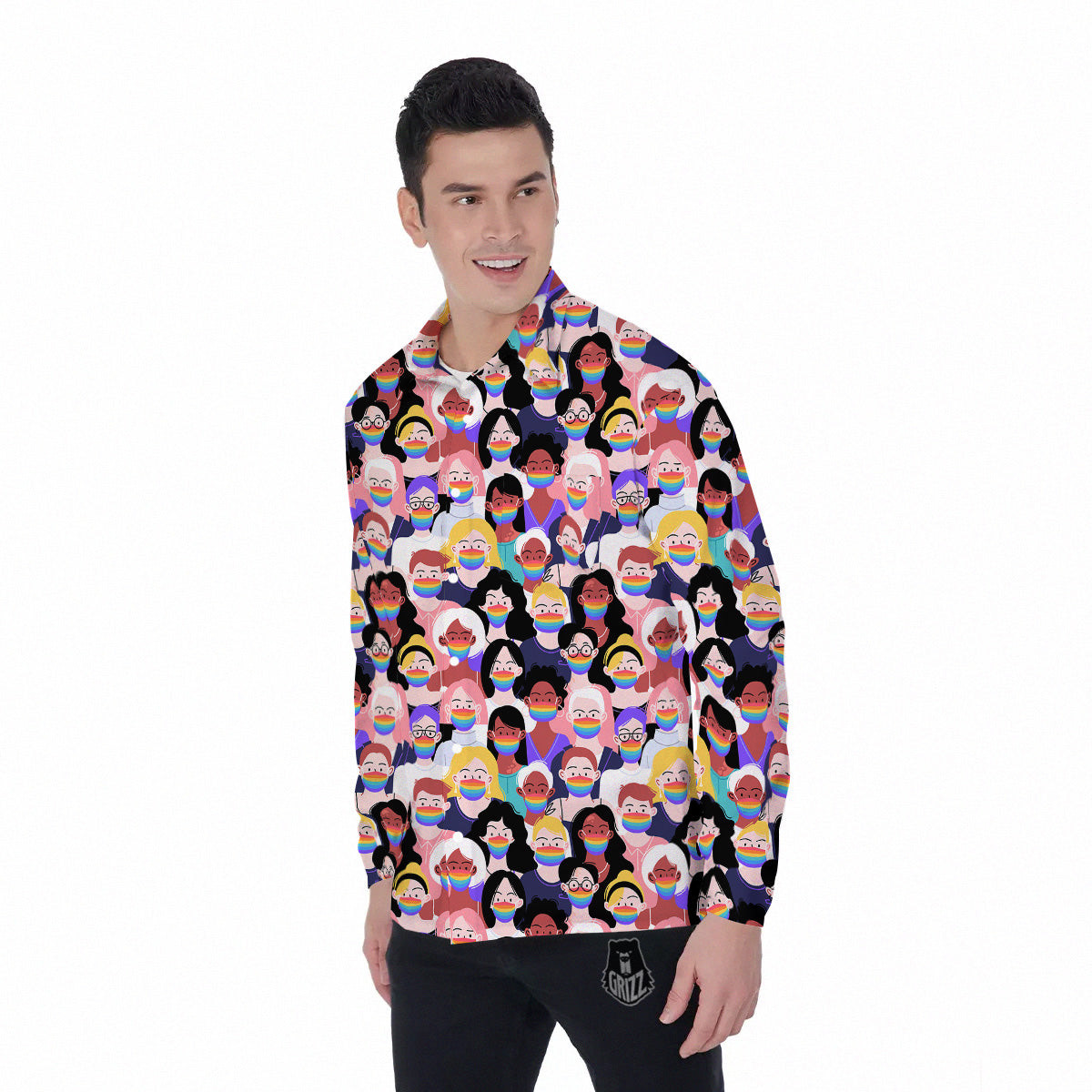 People And Rainbow Face Masks Print Pattern Men's Long Sleeve Shirts-grizzshop