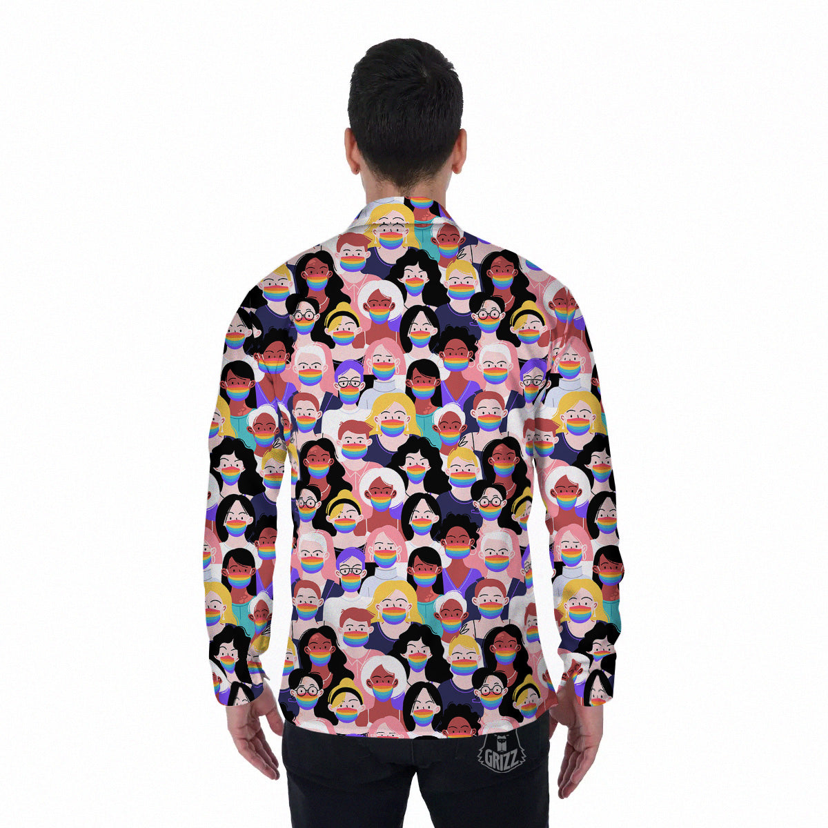 People And Rainbow Face Masks Print Pattern Men's Long Sleeve Shirts-grizzshop