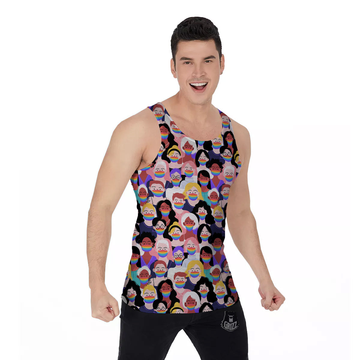 People And Rainbow Face Masks Print Pattern Men's Tank Top-grizzshop