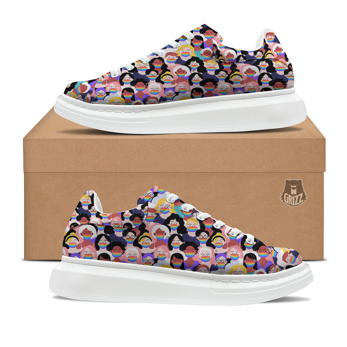 People And Rainbow Face Masks Print Pattern Platform Shoes-grizzshop