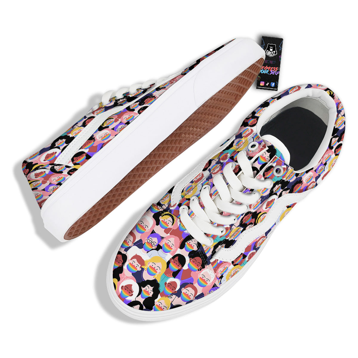 People And Rainbow Face Masks Print Pattern Skate Shoes-grizzshop