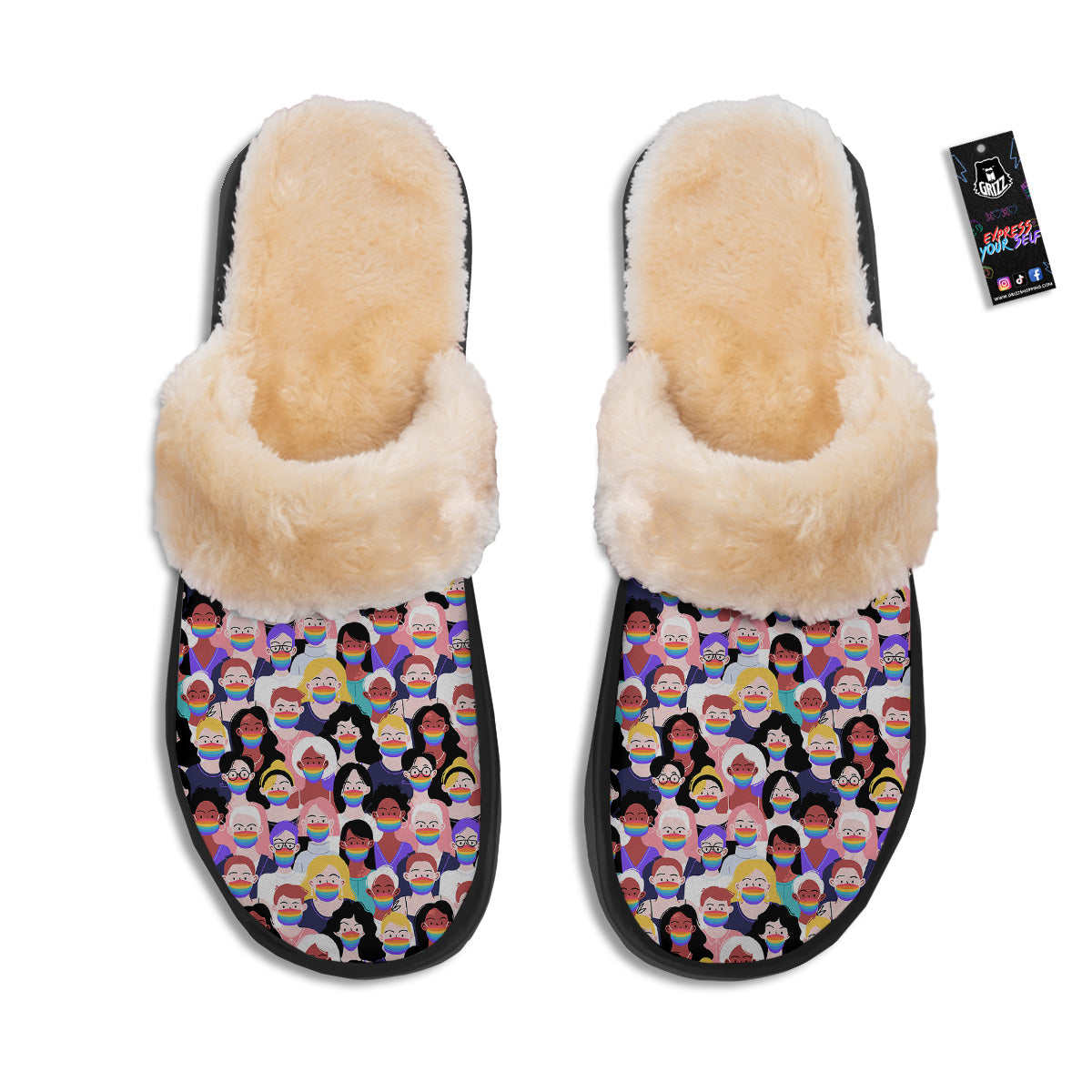 People And Rainbow Face Masks Print Pattern Slippers-grizzshop