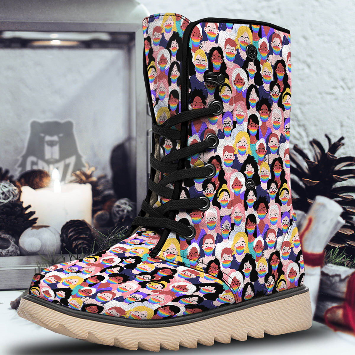 People And Rainbow Face Masks Print Pattern Snow Boots-grizzshop