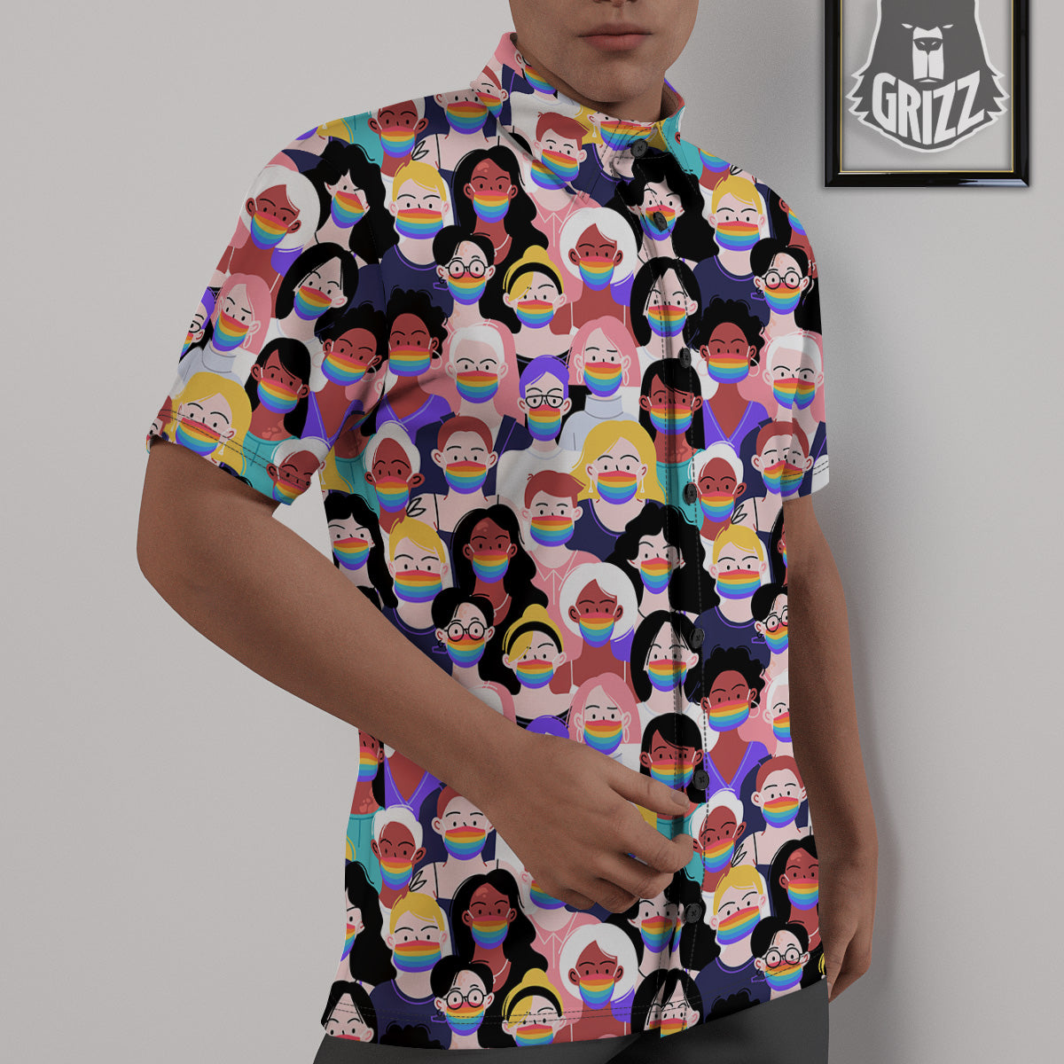 People And Rainbow Face Masks Print Pattern Untucked Shirts-grizzshop