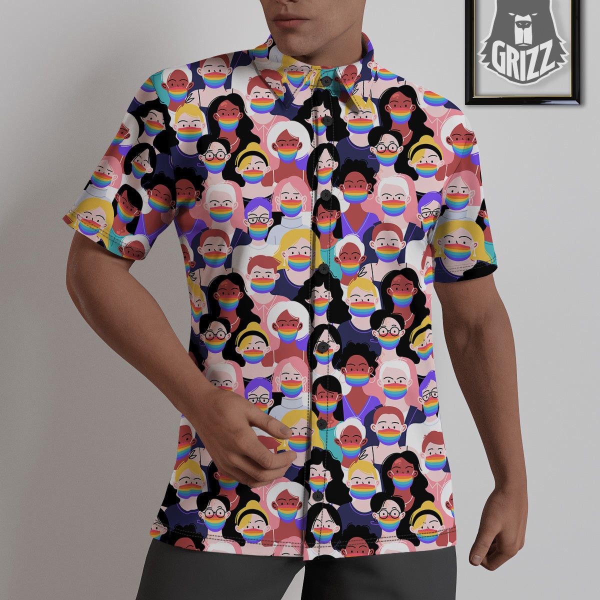 People And Rainbow Face Masks Print Pattern Untucked Shirts-grizzshop