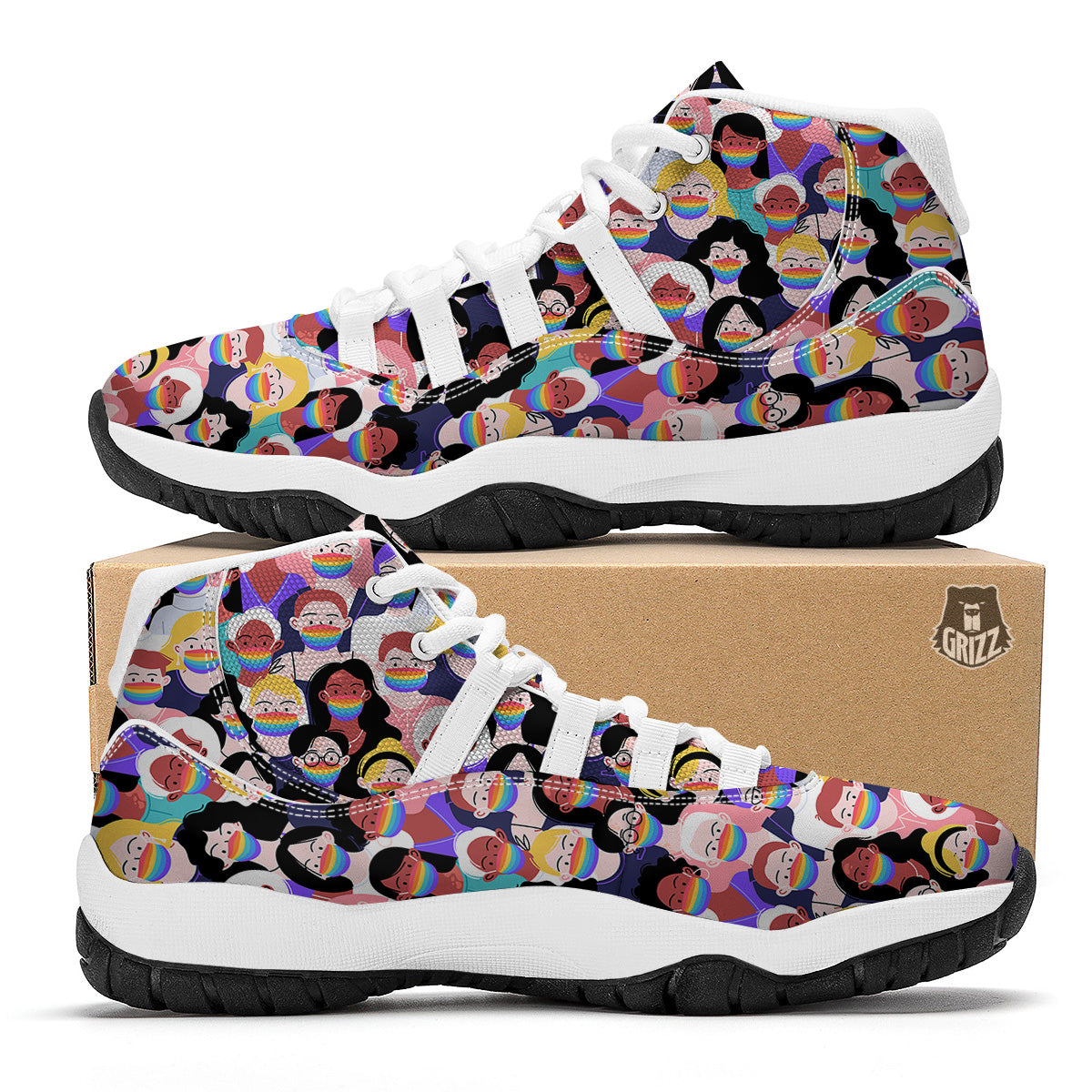 People And Rainbow Face Masks Print Pattern White Bball Shoes-grizzshop
